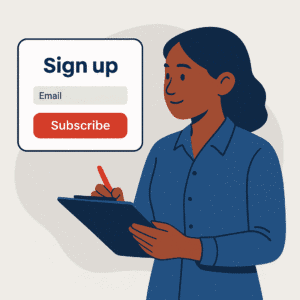 A flat-style digital illustration of a young Black woman holding a clipboard and thinking, representing the process of validating a business idea before building.