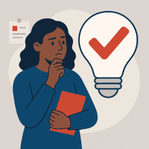 Flat-style illustration of a young woman in a business setting, reflecting on a decision with hesitation. Symbolizes the early doubt and fear that comes with validating a new business idea.