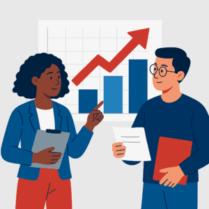Flat illustration of two diverse business owners discussing automation systems across laptops, symbolizing collaboration and scalable service planning.