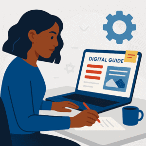 Black woman sitting at desk with open laptop and gears floating above, symbolizing digital product creation and business scalability