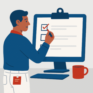 Flat-style illustration of a man conducting a mini audit or consultation, representing real-life business validation through early service offers.