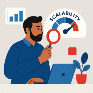 Flat-style digital illustration of a light-skinned woman mapping out a scalable business model, symbolizing planning for growth without burnout.