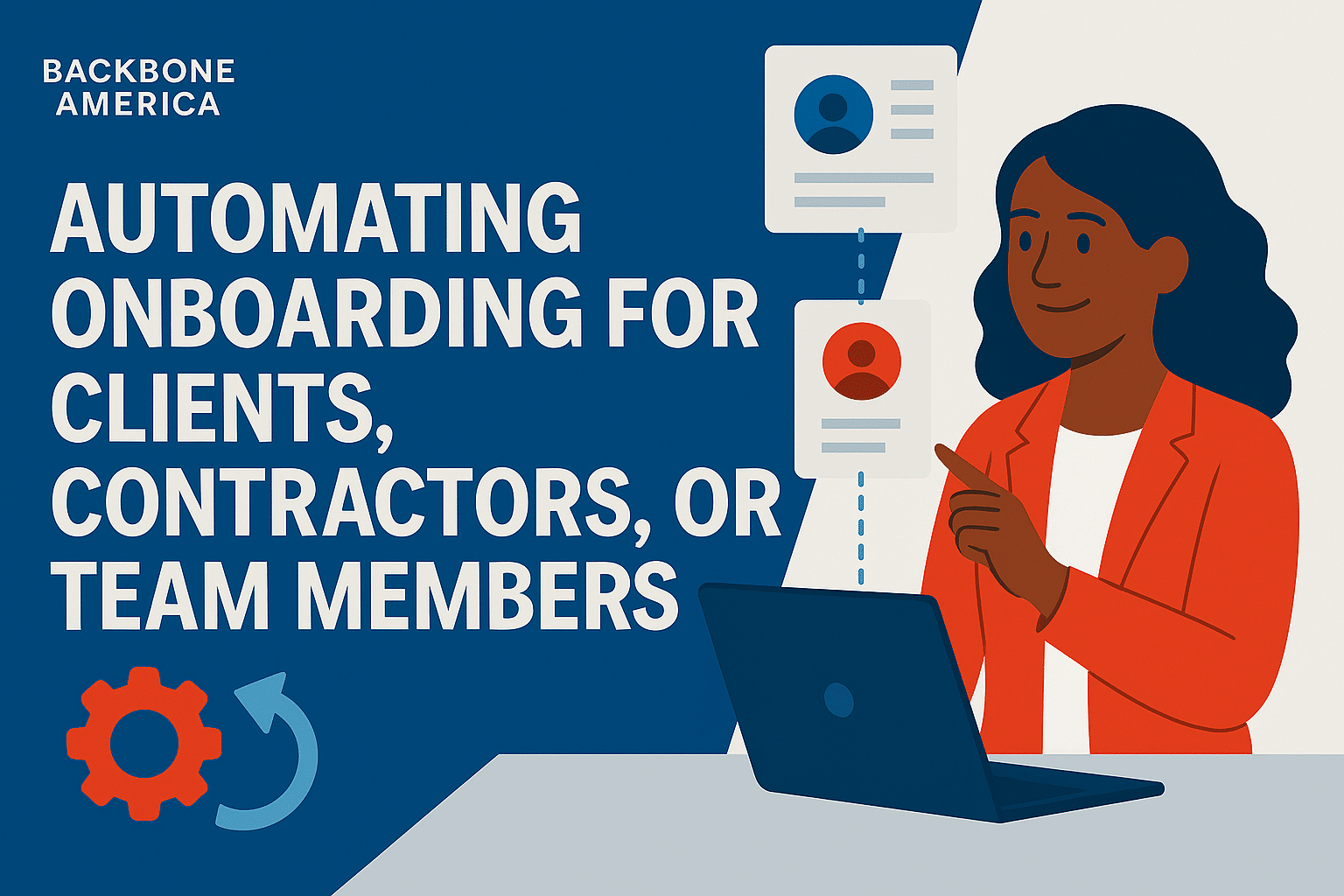 A flat-style illustration of a confident businesswoman managing an onboarding workflow on a laptop, symbolizing automated processes for clients, contractors, and teams.