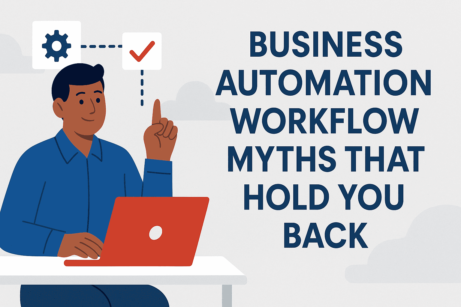 Flat-style illustration of a confident business owner organizing an automation workflow, surrounded by checklists and digital tools.