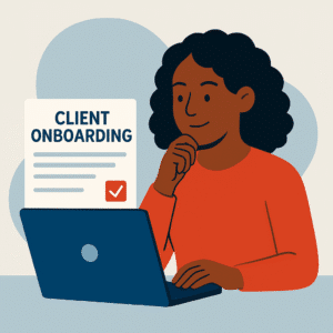 Flat illustration of an African American woman reviewing onboarding documents at a desk, designed in Backbone America’s editorial style.