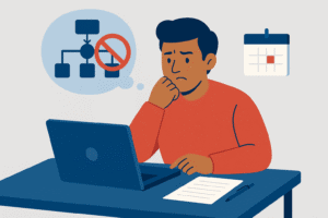 Flat illustration of a young Black woman pausing at her desk with digital automation icons in the background. She appears uncertain, symbolizing hesitation around automating business workflows. Editorial-style layout, clean design, and diverse character representation.