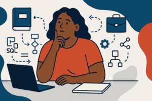 Flat illustration of a plus-size woman reviewing notes and planning a business automation workflow at her desk.