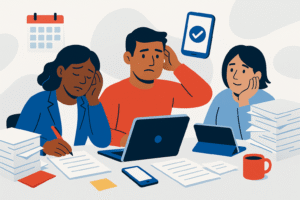 Three diverse team members using laptops and devices while onboarding automation tools run in the background.