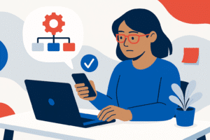 Woman reviewing an onboarding automation dashboard on her laptop with a calm, focused expression.