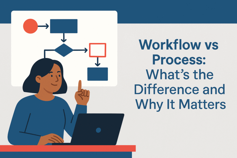 Flat-style illustration of a confident businesswoman analyzing workflow steps, representing Backbone America’s blog on the difference between workflows and processes.