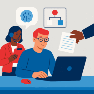 Flat-style illustration of a Caucasian man sitting at a digital workspace with automation and AI tools in the background, representing business process efficiency.