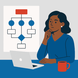 Flat illustration of a professional woman with software flowcharts, representing the distinction between workflow and process.