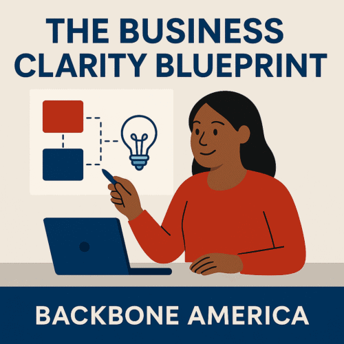 Flat-style digital illustration of a focused Black woman pointing at a strategy flowchart with the text 'The Business Clarity Blueprint' and Backbone America branding.