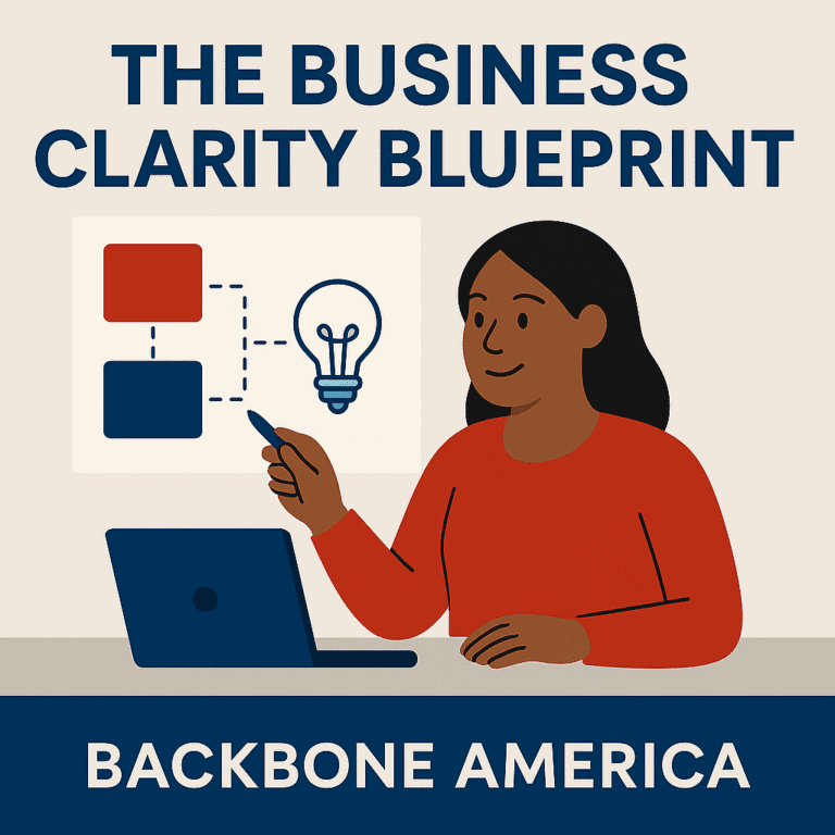 Flat-style digital illustration of a focused Black woman pointing at a strategy flowchart with the text 'The Business Clarity Blueprint' and Backbone America branding.