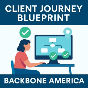 Square digital graphic featuring the title “Client Journey Blueprint” with visual elements of a guided path, clipboard, and communication icons. The bottom banner reads “Backbone America” in white text on a navy blue background.