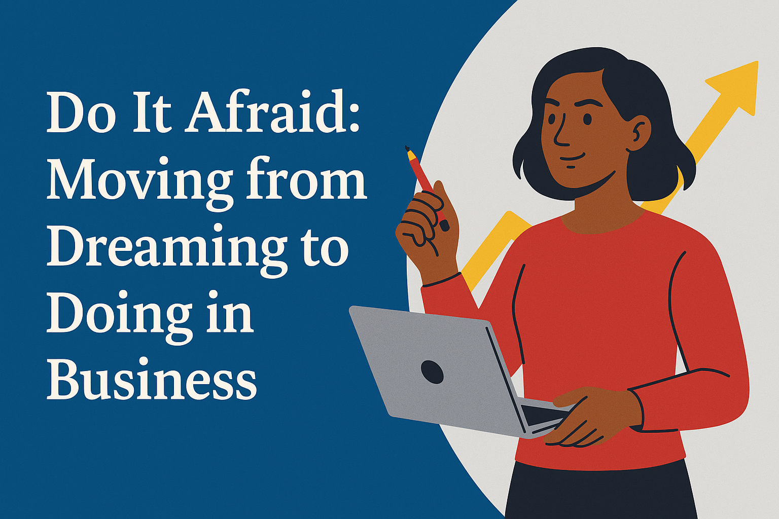 Flat illustration of a confident African-American woman holding a notebook and laptop, symbolizing courage and action in business despite fear.