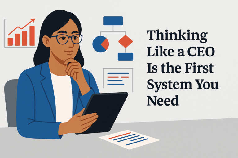 Flat-style digital illustration for the blog “Thinking Like a CEO Is the First System You Need,” featuring a confident businesswoman reviewing a workflow chart.