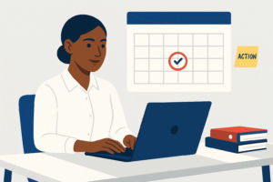 Flat-style editorial illustration of a focused Black woman in a white shirt working on her laptop. A marked calendar and a yellow sticky note with “ACTION” appear behind her.