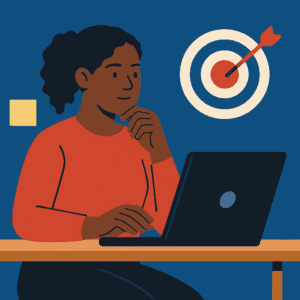 Flat-style illustration of a Black woman sitting at a desk, looking at her laptop screen with a hand on her chin. A target icon and sticky note appear in the background.