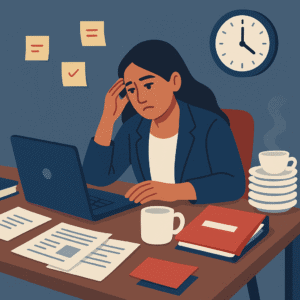 Flat-style digital illustration of a South Asian woman working at her desk in the evening, symbolizing discipline over motivation in business growth.
