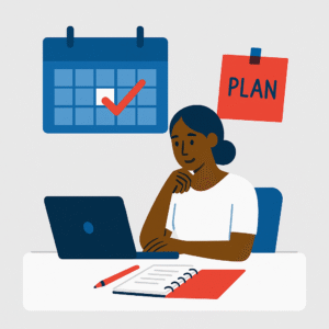Flat editorial illustration of a Black woman planning at her desk with a navy laptop, red notebook, calendar, and “PLAN” sticky note on the wall.