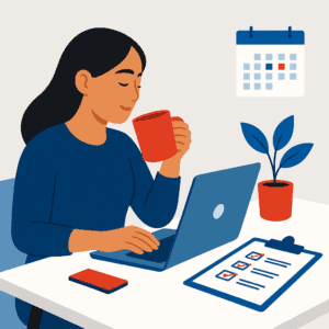 Flat-style illustration of a young woman reviewing her planner while managing her energy, representing sustainable business habits.