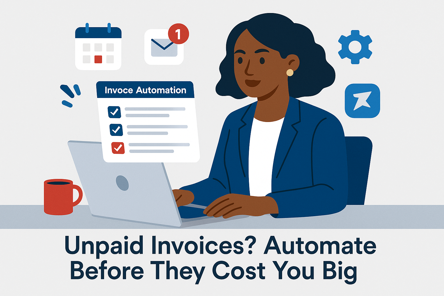 Flat-style illustration of a confident businesswoman reviewing invoices and finances in a clean, modern workspace.