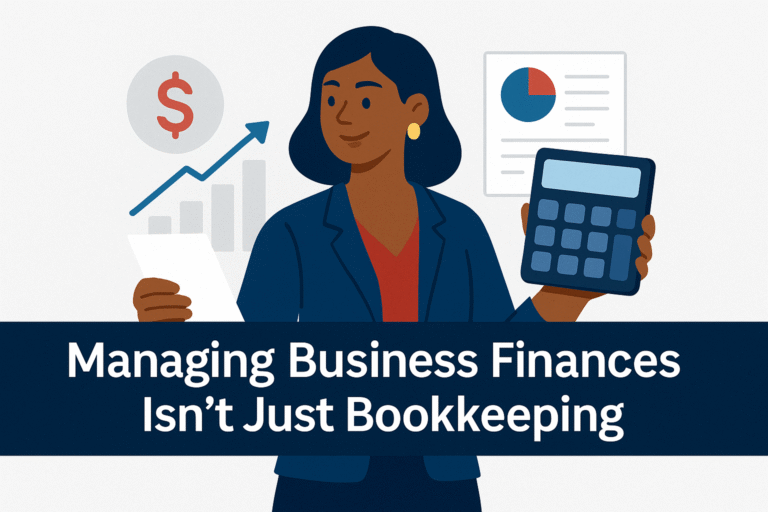 Flat illustration of a professional Black woman in a red blouse and navy blazer managing finances with a calculator and paper, financial icons in the background.