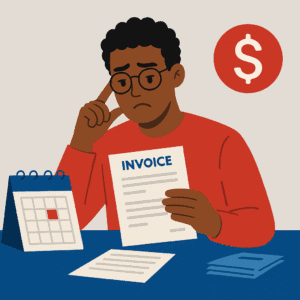 Flat illustration of an African American man reviewing an unpaid invoice at a desk with a calendar and red dollar sign in the background.