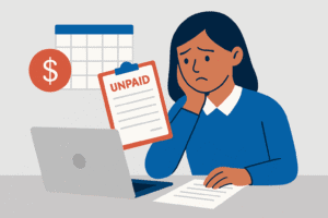 Flat illustration of an Asian woman reviewing an unpaid invoice on her laptop with a worried expression.