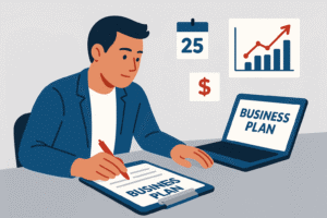 Flat illustration of a lightbulb, calculator, gear, and dollar sign icon representing innovative financial management and process optimization.