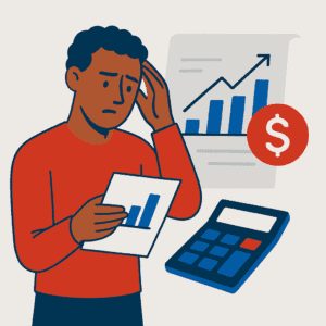 Flat illustration of a thoughtful Black man in a red sweater reviewing a financial report with bar charts, surrounded by a calculator and dollar sign icon.
