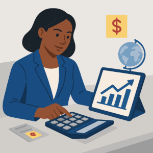 Flat illustration of a Black woman reviewing financial data on a tablet with a bar chart, holding a calculator, and surrounded by financial icons like a dollar sign and globe.
