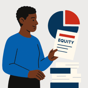 A young Black woman holds folders and smiles confidently, symbolizing ownership and equity-building in a startup business.