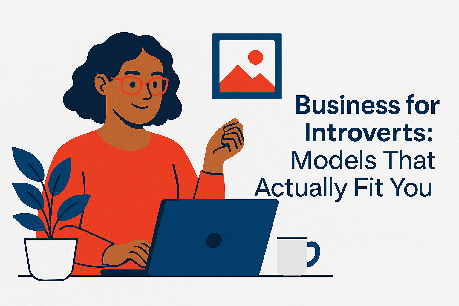Flat illustration of an introverted business owner working on a laptop with plants nearby, promoting “Business for Introverts: Models That Actually Fit You.”