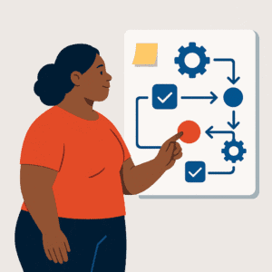Flat-style illustration of a plus-size Black woman interacting with a digital workflow board featuring automation icons, checkboxes, and gears.