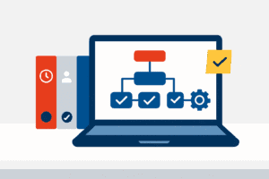 Minimalist flat-style illustration of a laptop displaying a system flowchart, next to file folders and a sticky note, symbolizing scalable business setup.