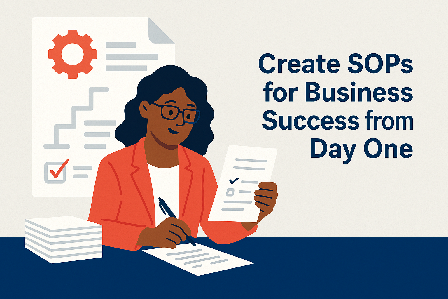 Flat digital illustration of a confident woman entrepreneur setting up business processes on a laptop, symbolizing startup SOP creation. Clean layout, modern style.