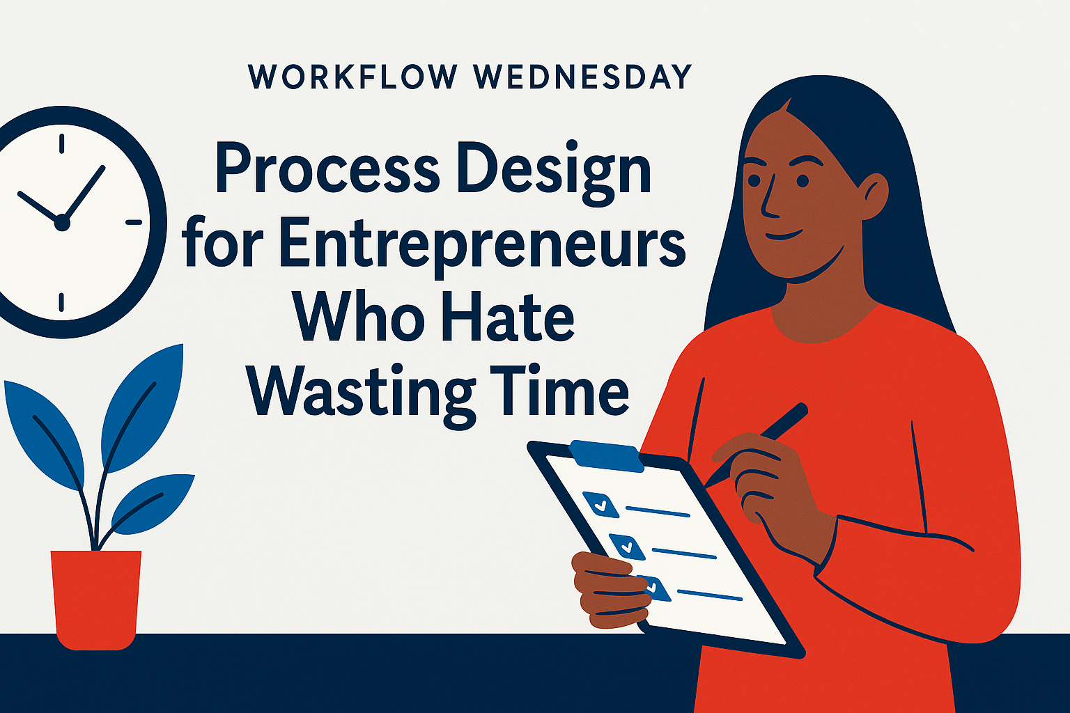 Flat-style editorial illustration of a confident businesswoman organizing tasks for better workflow efficiency.