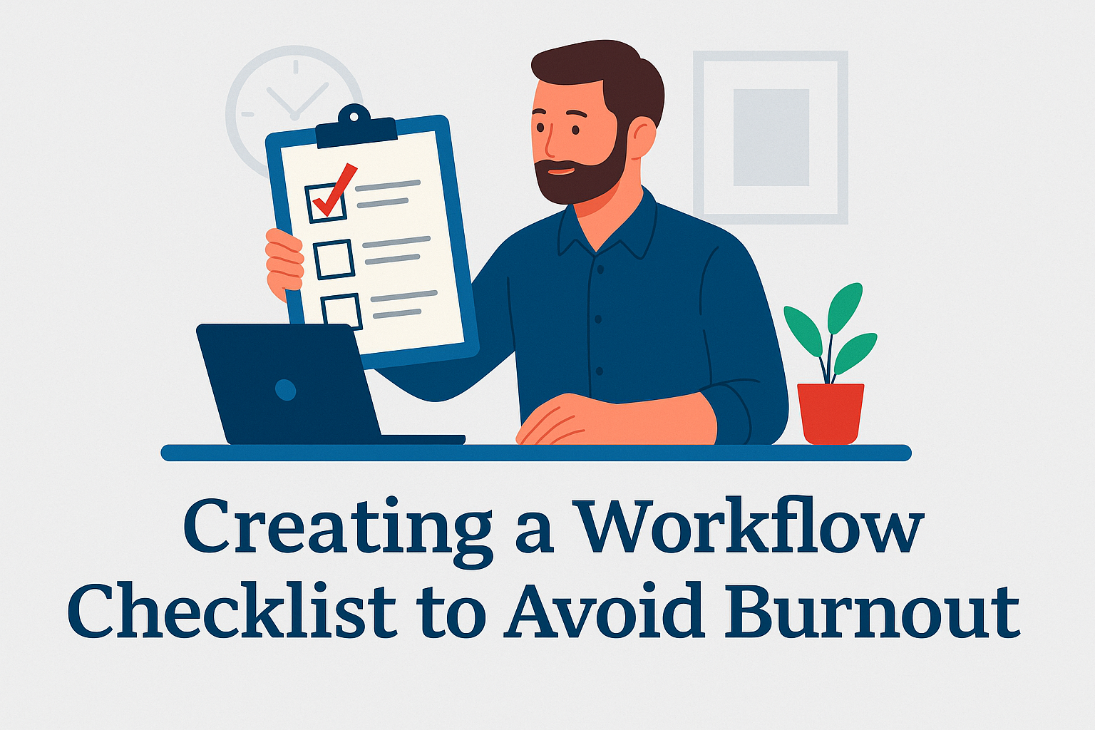 Flat illustration of a confident woman creating a workflow checklist at her desk in modern business style.