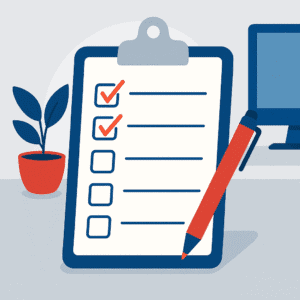 Flat-style illustration of a checklist and laptop on a minimalist desk, symbolizing workflow planning and burnout prevention.
