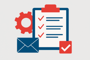 Flat illustration of a checklist on a clipboard, a gear icon, and an envelope, representing streamlined business systems and optimized workflows.