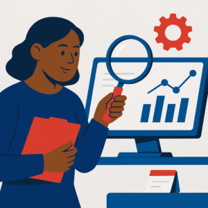 Flat illustration of a professional Black woman holding a magnifying glass and clipboard while reviewing charts and graphs on a computer screen, representing business process optimization.