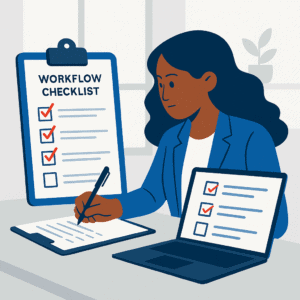 A flat-style illustration of a woman creating a checklist, symbolizing workflow organization for small businesses.