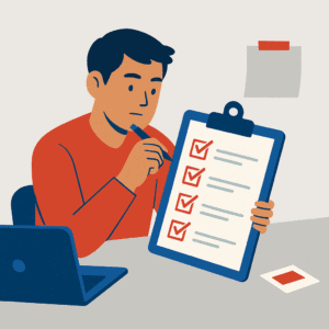 A flat-style illustration of a young Black woman writing a checklist in a modern workspace, symbolizing organization and clarity.