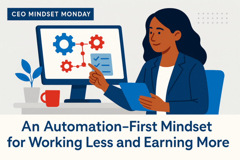 Flat-style digital illustration of a confident businesswoman designing an automated workflow, representing an automation-first mindset.