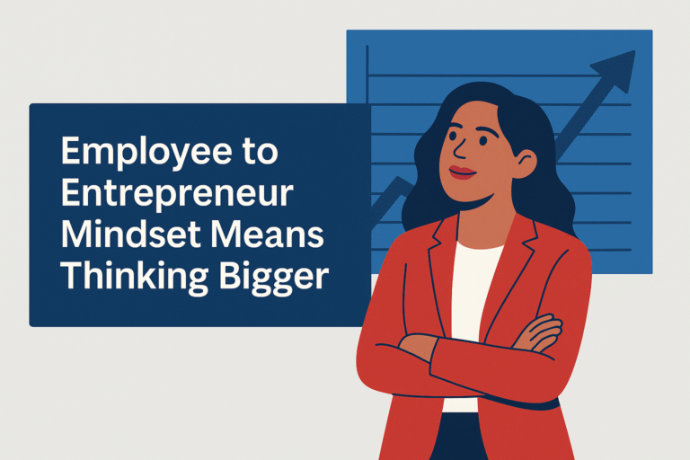 A confident woman in a red blazer stands in front of an upward-trending chart, symbolizing growth. The blog title “Employee to Entrepreneur Mindset Means Thinking Bigger” is prominently displayed in bold white font on a navy background.