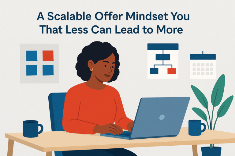 Flat-style editorial illustration of a confident woman working at her desk, representing strategic thinking and a scalable offer mindset for entrepreneurs.