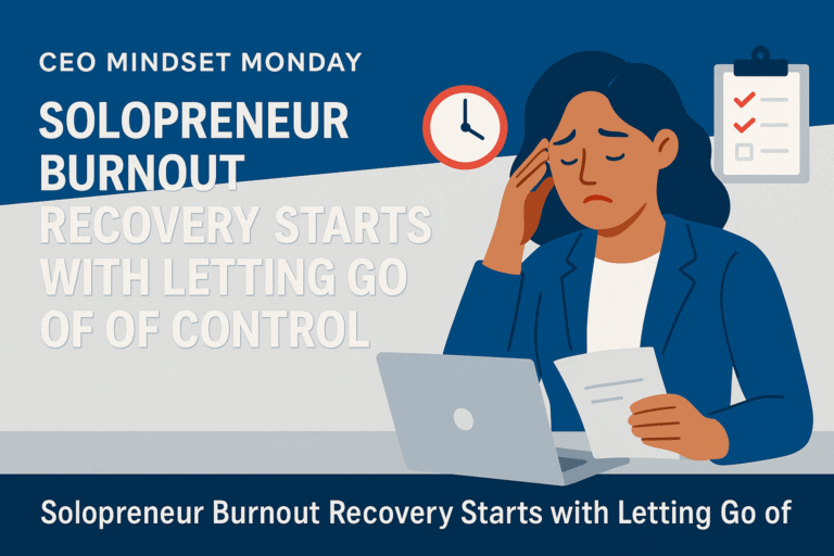 Flat illustration of a solopreneur letting go of tasks to recover from burnout, symbolizing balance and control in business startup.