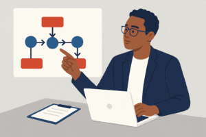 Flat-style illustration of a professional woman designing a business system, symbolizing a shift from operator to designer.